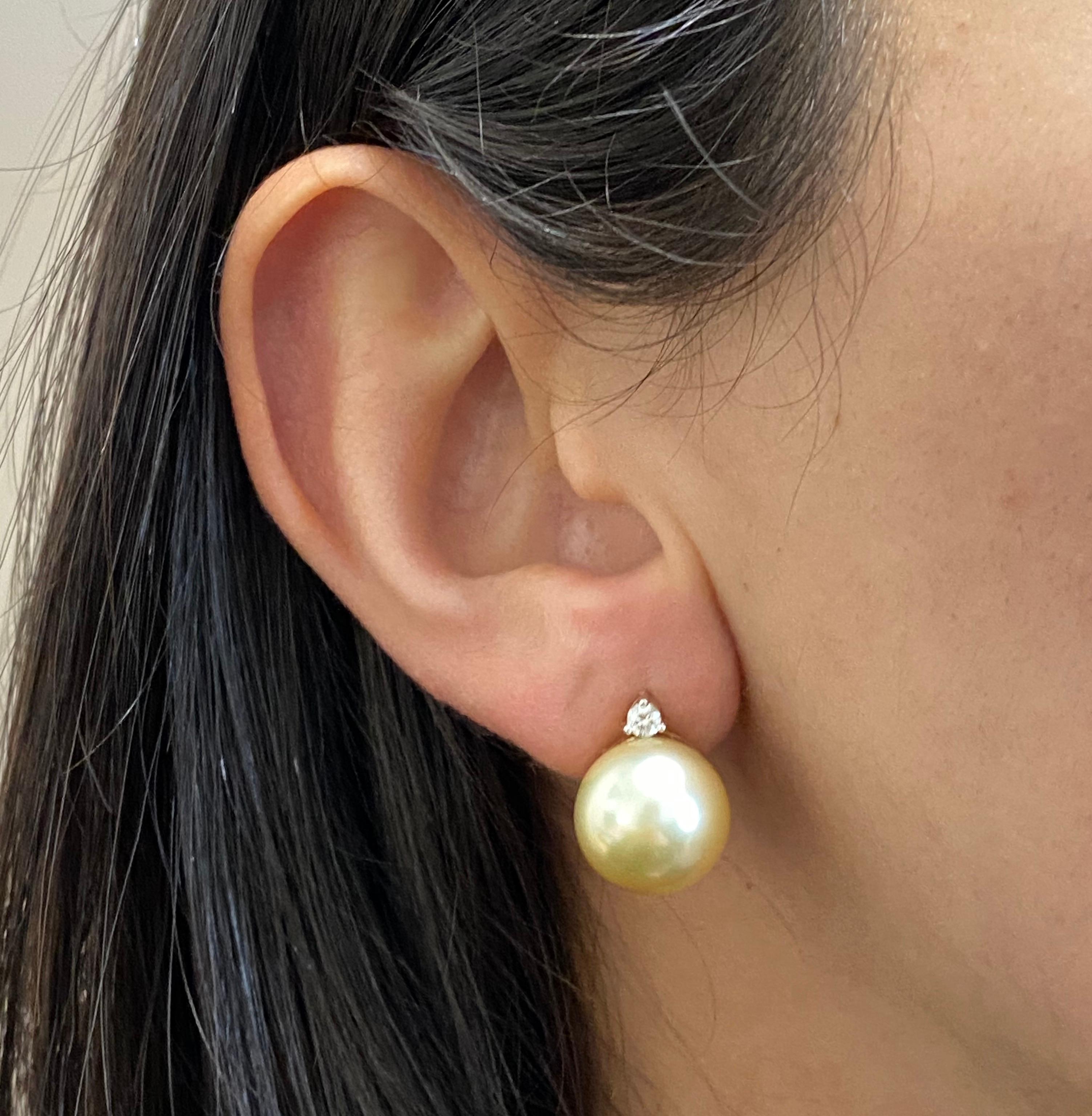 12 mm Pearl and White Round Diamond Fashion Dangle Earrings 18K Yellow Gold  In New Condition For Sale In GREAT NECK, NY