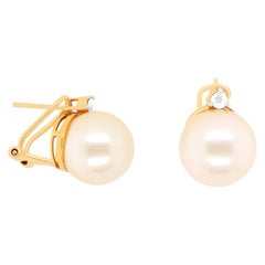 12 mm Pearl and White Round Diamond Fashion Dangle Earrings 18K Yellow Gold