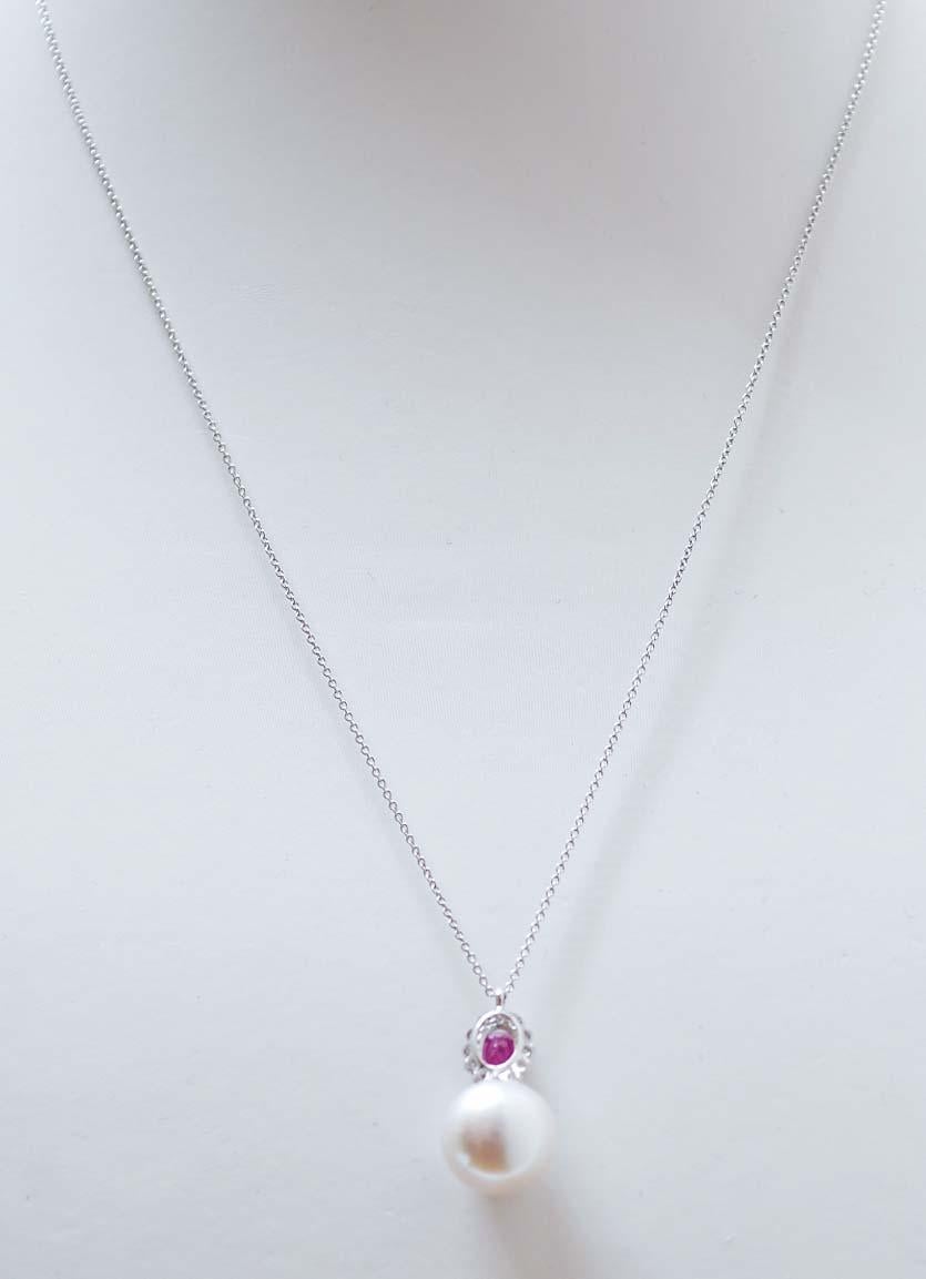 Mixed Cut 12 Mm Pearl, Diamonds, Rubies, 18 Karat White Gold Pendant Necklace. For Sale