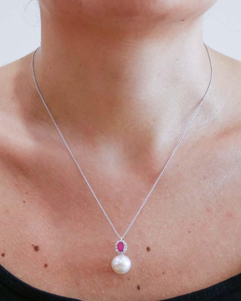 Women's 12 Mm Pearl, Diamonds, Rubies, 18 Karat White Gold Pendant Necklace. For Sale