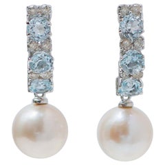 12 Mm Pearls, Aquamarine Colour Topaz, Diamonds, 18 Kt White Gold Earrings.