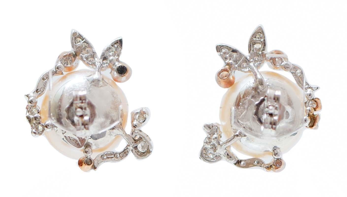 Retro 12 Mm Pearls, Diamonds, 14 Karat White Gold and Rose Gold Earrings. For Sale