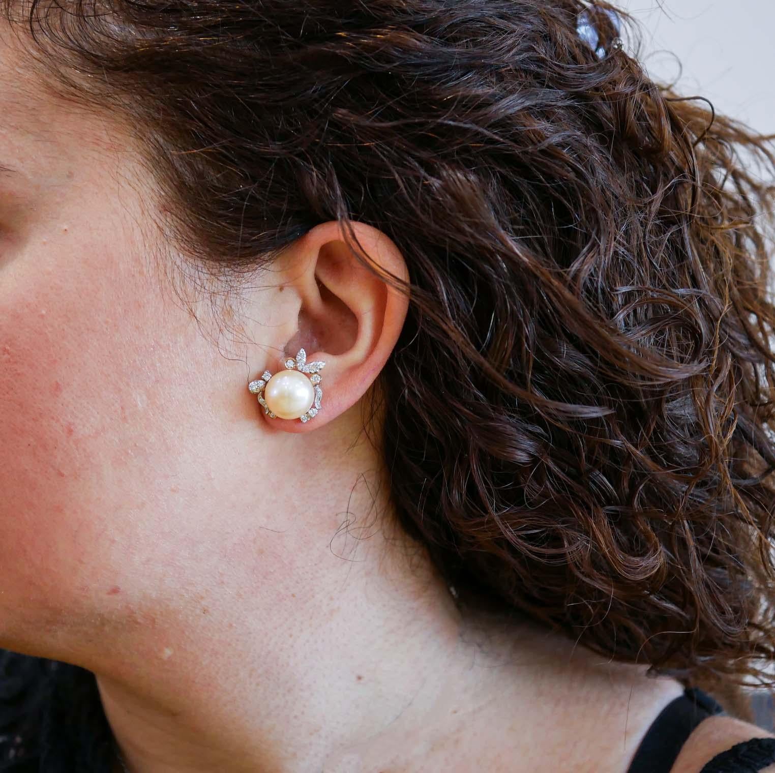 Mixed Cut 12 Mm Pearls, Diamonds, 14 Karat White Gold and Rose Gold Earrings. For Sale