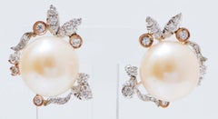 12 Mm Pearls, Diamonds, 14 Karat White Gold and Rose Gold Earrings.