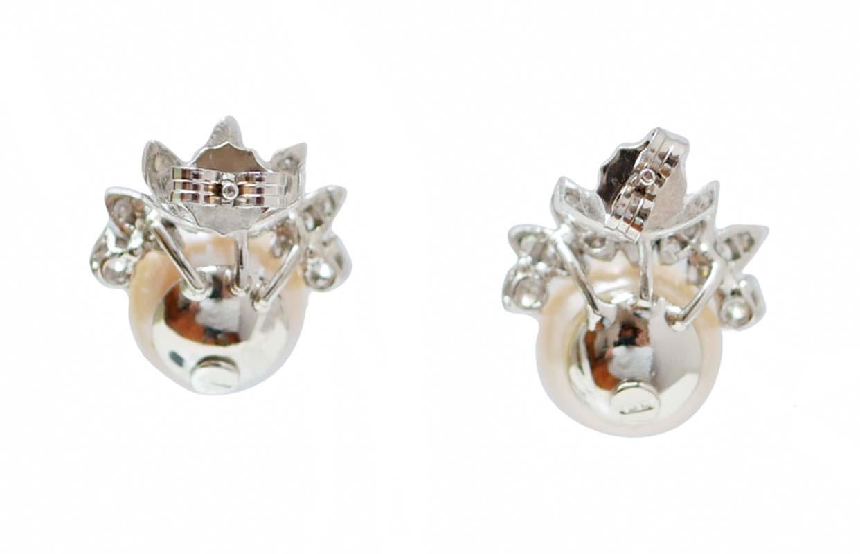 Retro 12 Mm Pearls, Diamonds, 18 Karat White Gold Earrings. For Sale