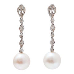 12 Mm Pearls, Diamonds, White Gold Earrings.