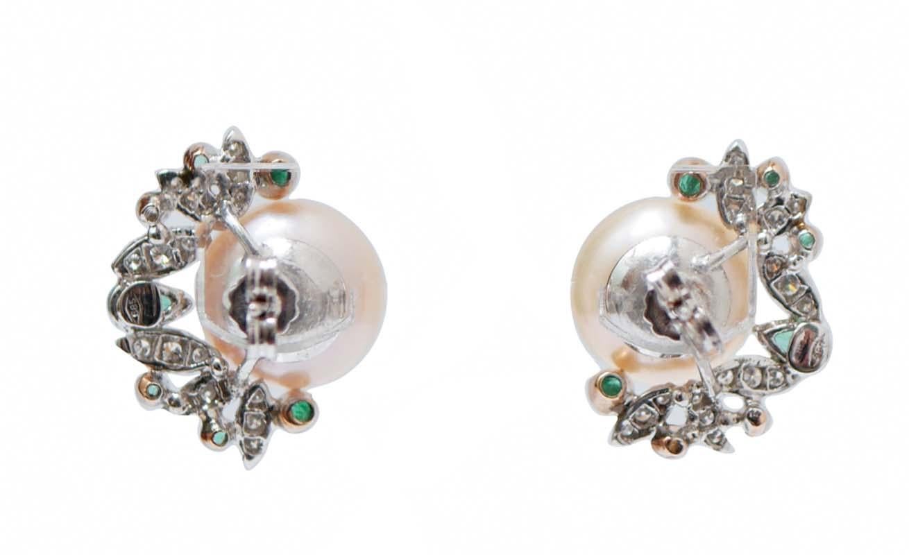 Retro 12 Mm Pearls, Emeralds, Diamonds, 14 Kt White and Rose Gold Earrings. For Sale