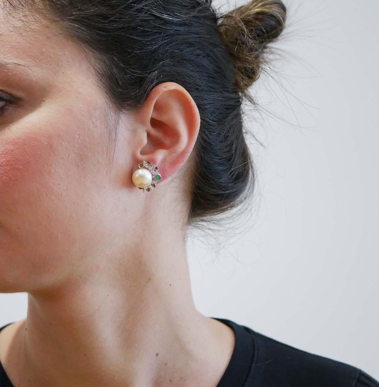 Mixed Cut 12 Mm Pearls, Emeralds, Diamonds, 14 Kt White and Rose Gold Earrings. For Sale