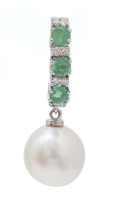 12 Mm Pearls, Emeralds, Diamonds, 18 Karat White Gold Earrings.