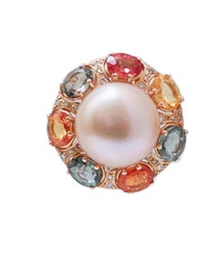 12 Mm Pearls, Multicolor Sapphires, Diamonds, 14 Karat Rose Gold Earrings.
