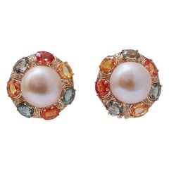 12 Mm Pearls, Multicolor Sapphires, Diamonds, 14 Karat Rose Gold Earrings.