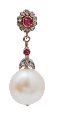 12 Mm Pearls, Rubies, Diamonds, Rose Gold and Silver Earrings.