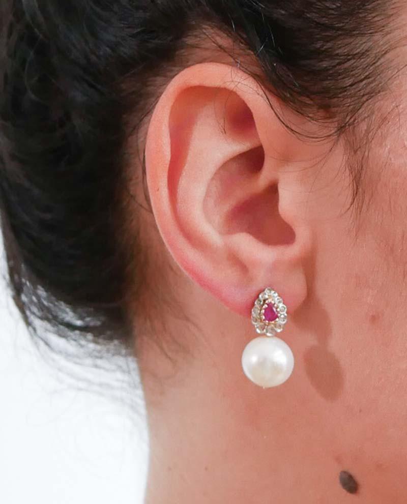 Pendientes de 12 mm de perlas, rubíes, diamantes, oro rosa y plata. en Bueno estado para la venta en Marcianise, Marcianise (CE)