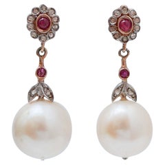 12 Mm Pearls, Rubies, Diamonds, Rose Gold and Silver Earrings.