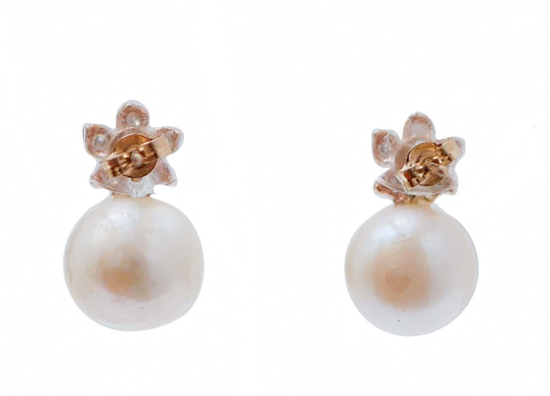 Rétro Orecchini da 12 mm con perle, rubini, diamanti e oro rosa. in vendita