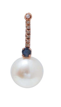 12 Mm Pearls, Sapphires, Diamonds, 14 Karat Rose Gold Tennis Earrings.