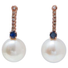 12 Mm Pearls, Sapphires, Diamonds, 14 Karat Rose Gold Tennis Earrings.