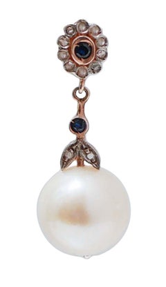 12 Mm Pearls, Sapphires, Diamonds, Rose Gold and Silver Earrings.