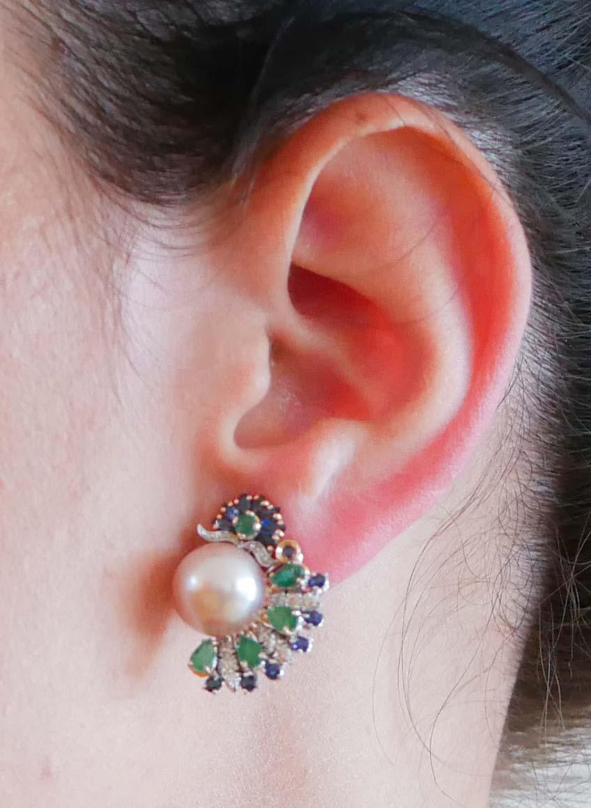 Boucles d'oreilles en or rose 14 carats, perles, saphirs, émeraudes, diamants, 12 m Bon état - En vente à Marcianise, Marcianise (CE)