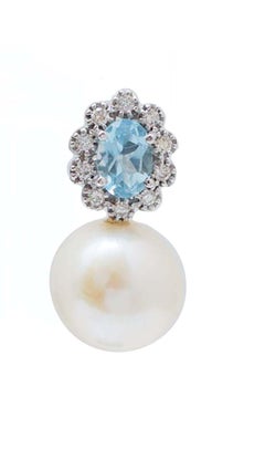 12 Mm Pearls, Topaz, Diamonds, 14 Karat White Gold Earrings.