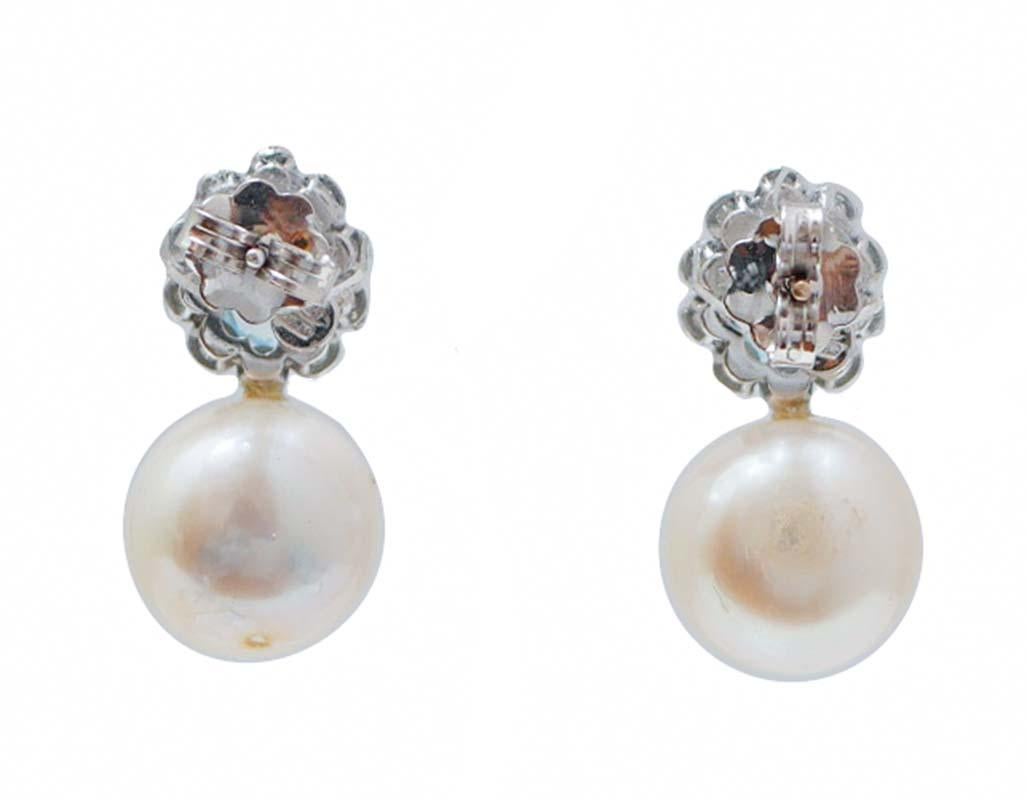 Rétro Orecchini con perle da 12 mm, topazio, diamanti, oro bianco 14 carati. in vendita