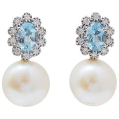 12 Mm Pearls, Topaz, Diamonds, 14 Karat White Gold Earrings.