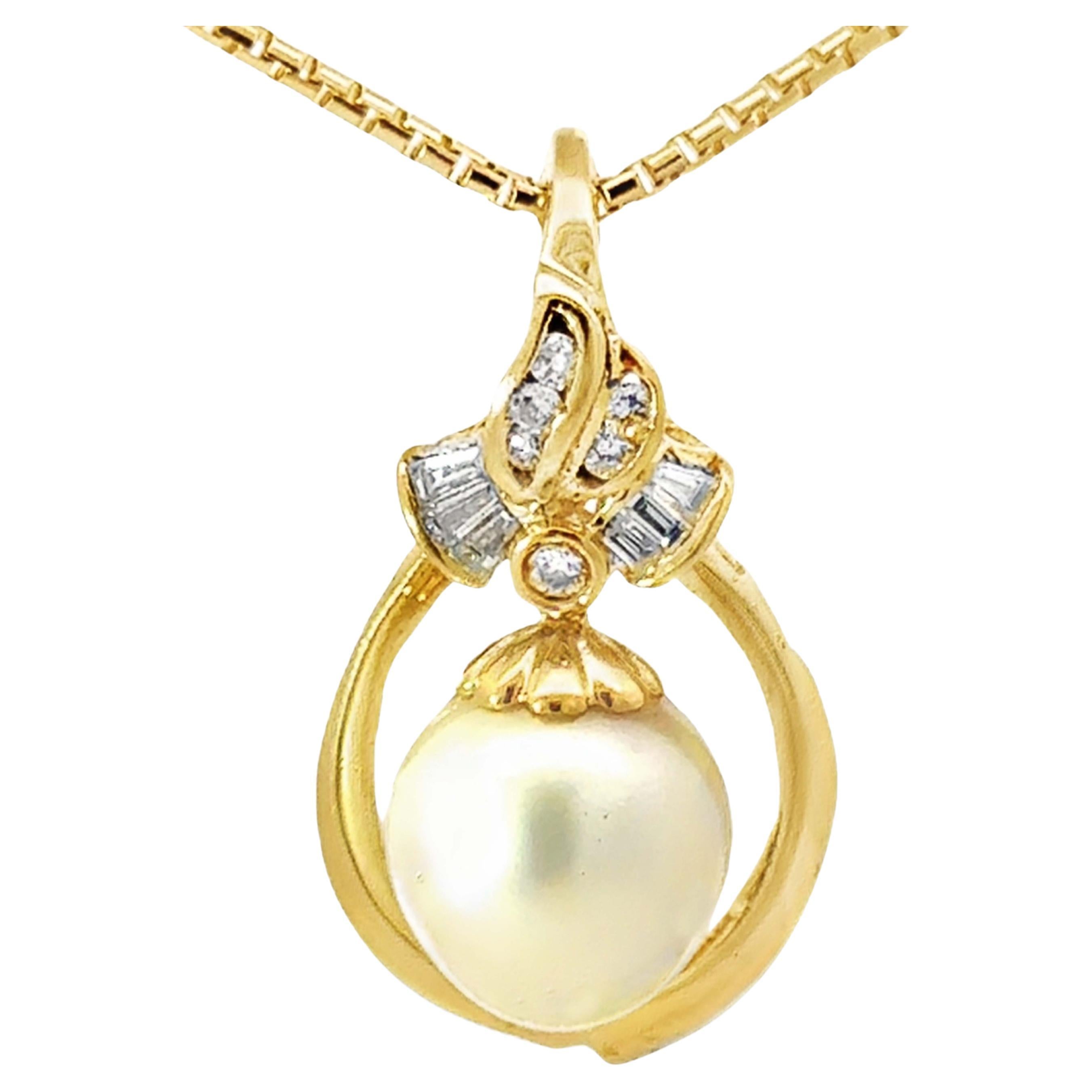 12 Mm White Pearl Baguette, Brilliant Diamond Pendant Necklace 18k Yellow Gold