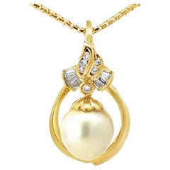 12 Mm White Pearl Baguette, Brilliant Diamond Pendant Necklace 18k Yellow Gold