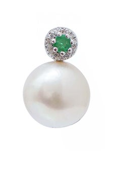 12 Mm White Pearls, Emeralds, Diamonds, 14 Karat White Gold Earrings.
