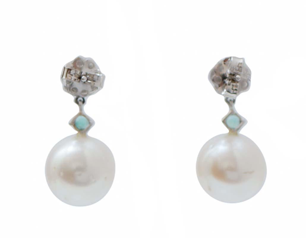 Retro 12 Mm White Pearls, Emeralds, Diamonds, Platinum Earrings.