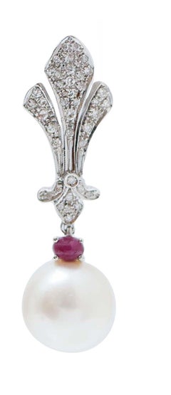 12 Mm White Pearls, Rubies, Diamonds, 14 Karat White Gold Earrings.