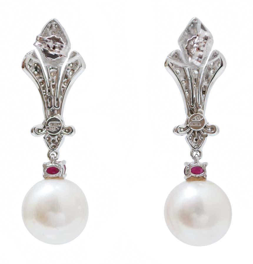 Retro 12 Mm White Pearls, Rubies, Diamonds, 14 Karat White Gold Earrings.