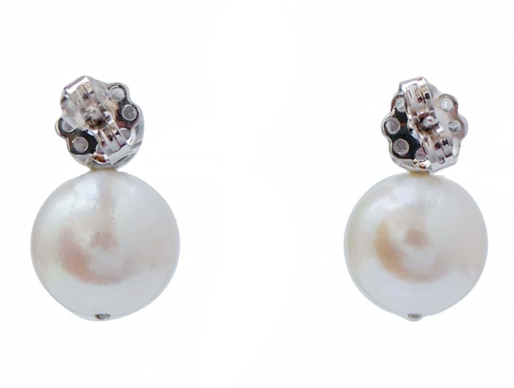 Retro 12 Mm White Pearls, Rubies, Diamonds, 14 Karat White Gold Earrings. For Sale
