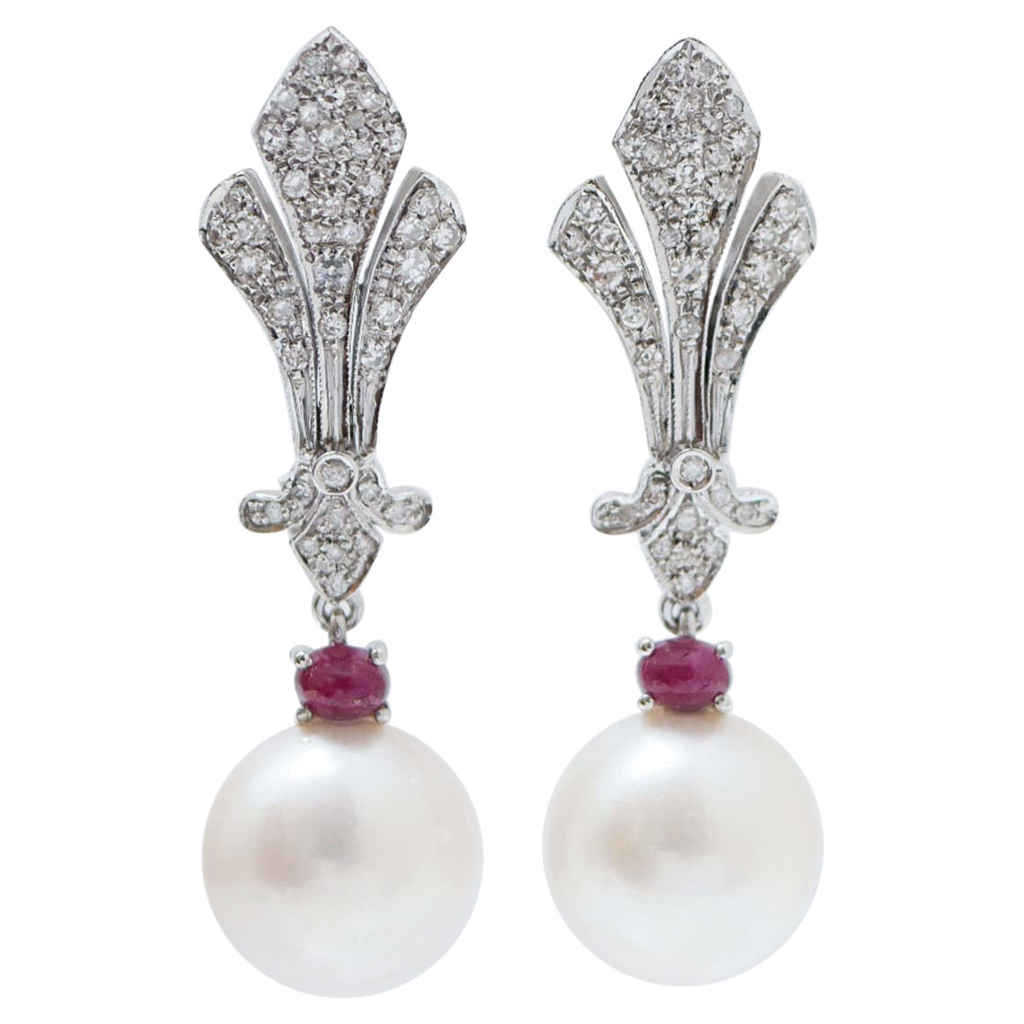 12 Mm White Pearls, Rubies, Diamonds, 14 Karat White Gold Earrings. For Sale