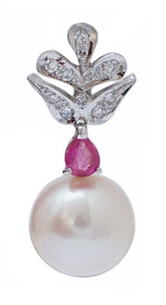 12 Mm White Pearls, Rubies, Diamonds, Platinum Earrings.