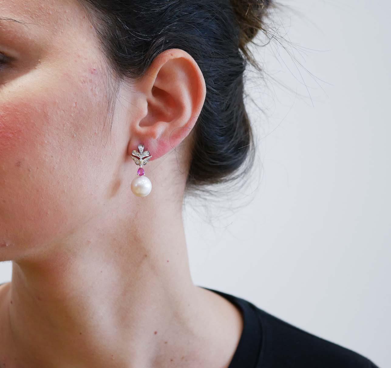 Mixed Cut 12 Mm White Pearls, Rubies, Diamonds, Platinum Earrings. For Sale