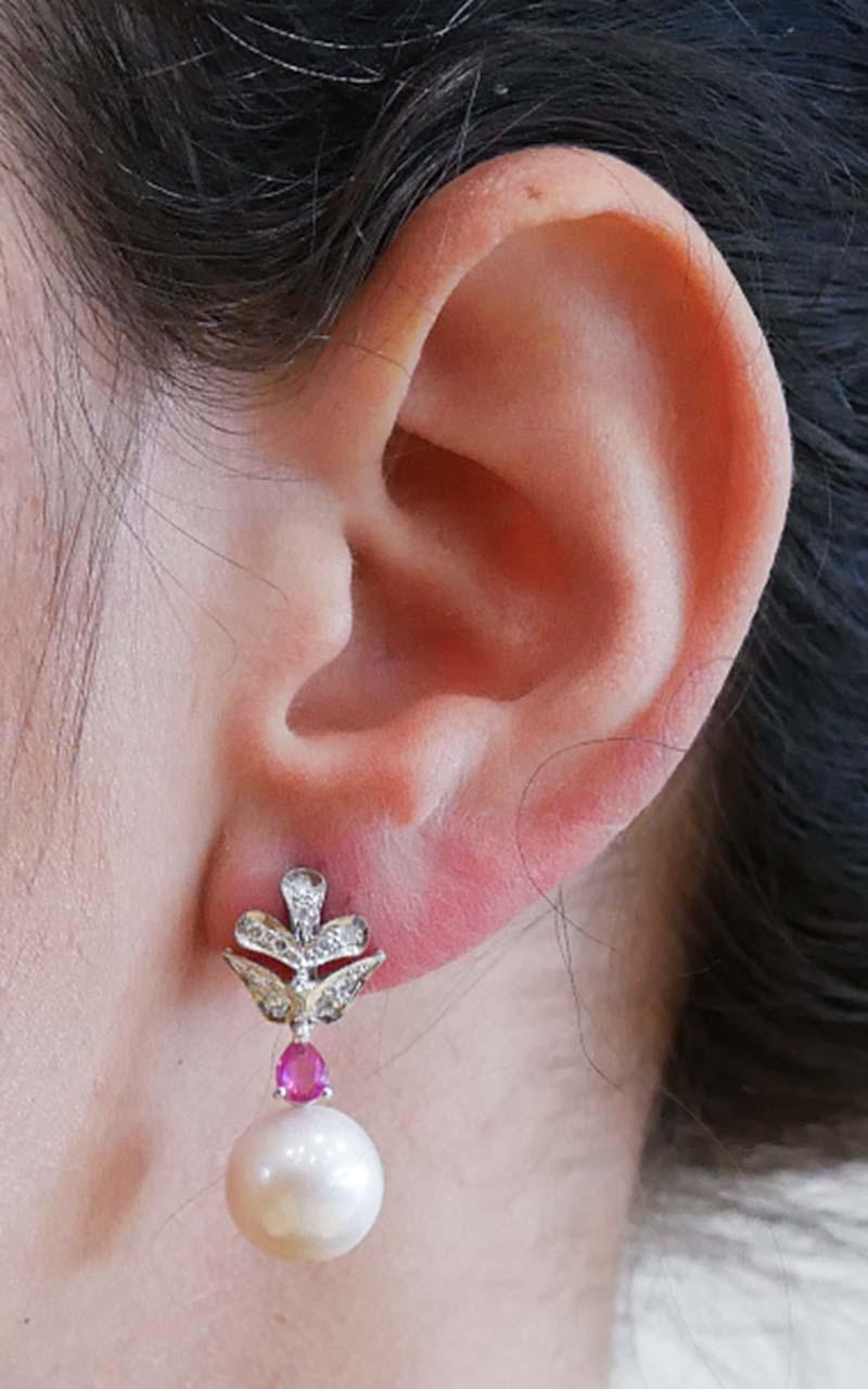12 Mm White Pearls, Rubies, Diamonds, Platinum Earrings. In Good Condition For Sale In Marcianise, Marcianise (CE)