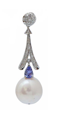 12 Mm White Pearls, Tanzanite, Diamonds, Platinum Earrings.