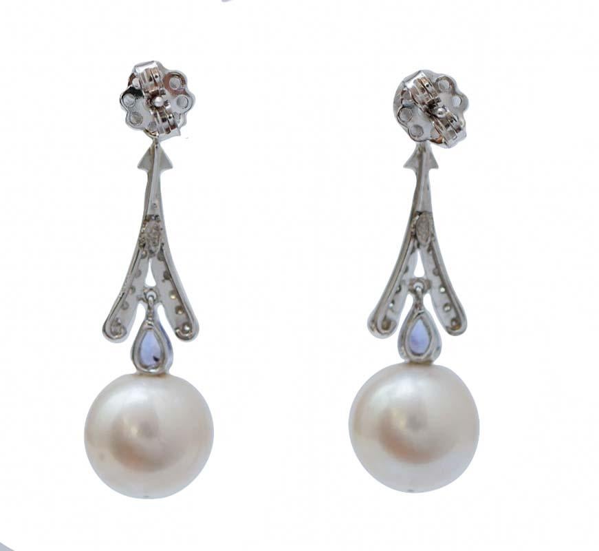 Rétro Perle bianche da 12 mm, tanzanite, diamanti, orecchini in platino. in vendita