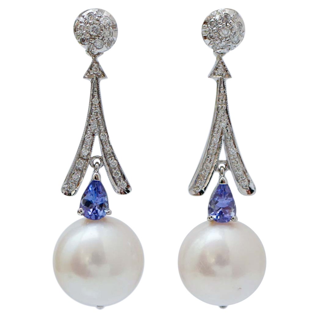 Boucles d'oreilles en platine, perles blanches de 12 mm, Tanzanite, diamants.