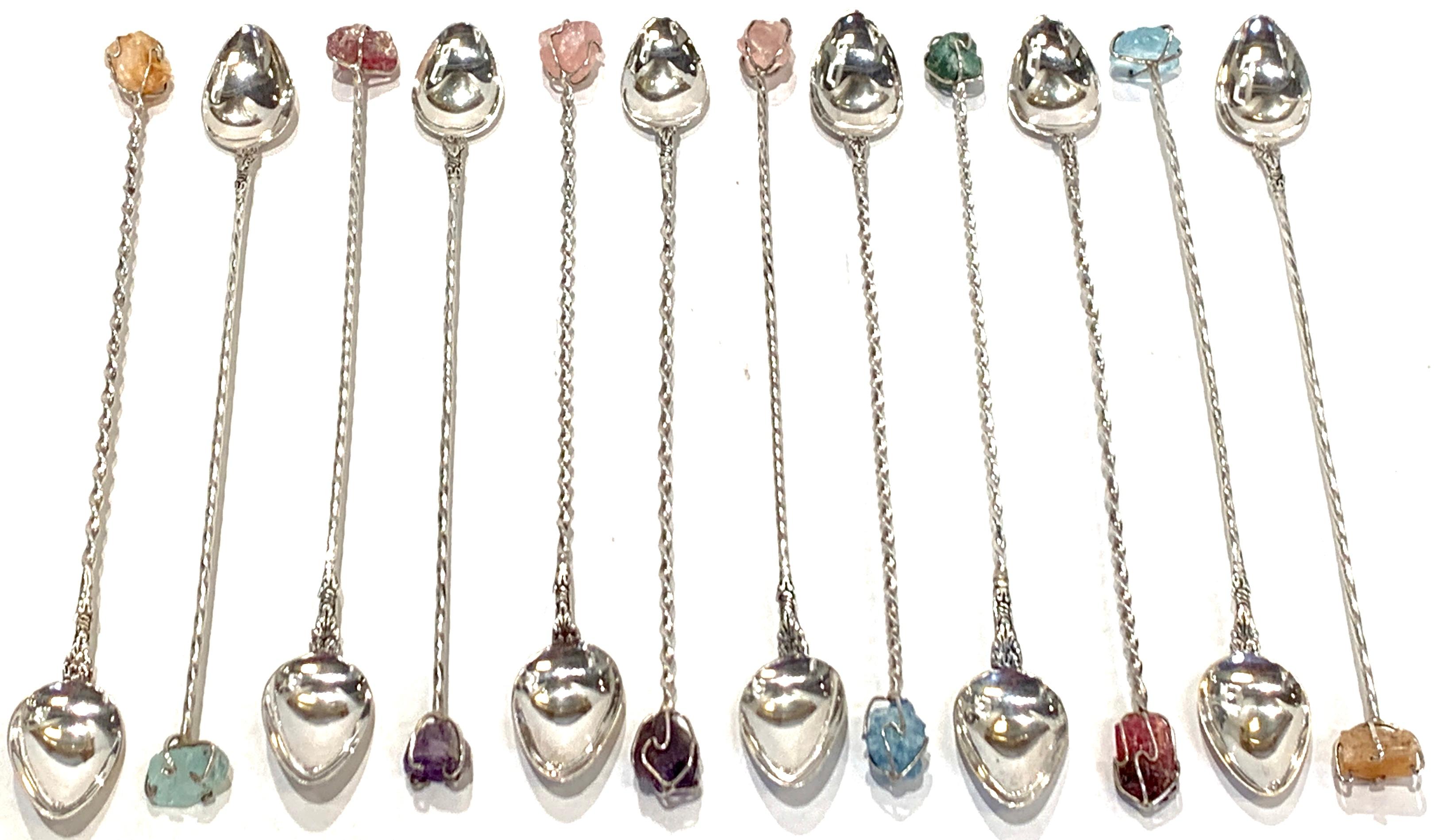 12 modern sterling (.800 Silver) & multicolored quartz ice tea spoons. Each one fitted with a 1/2