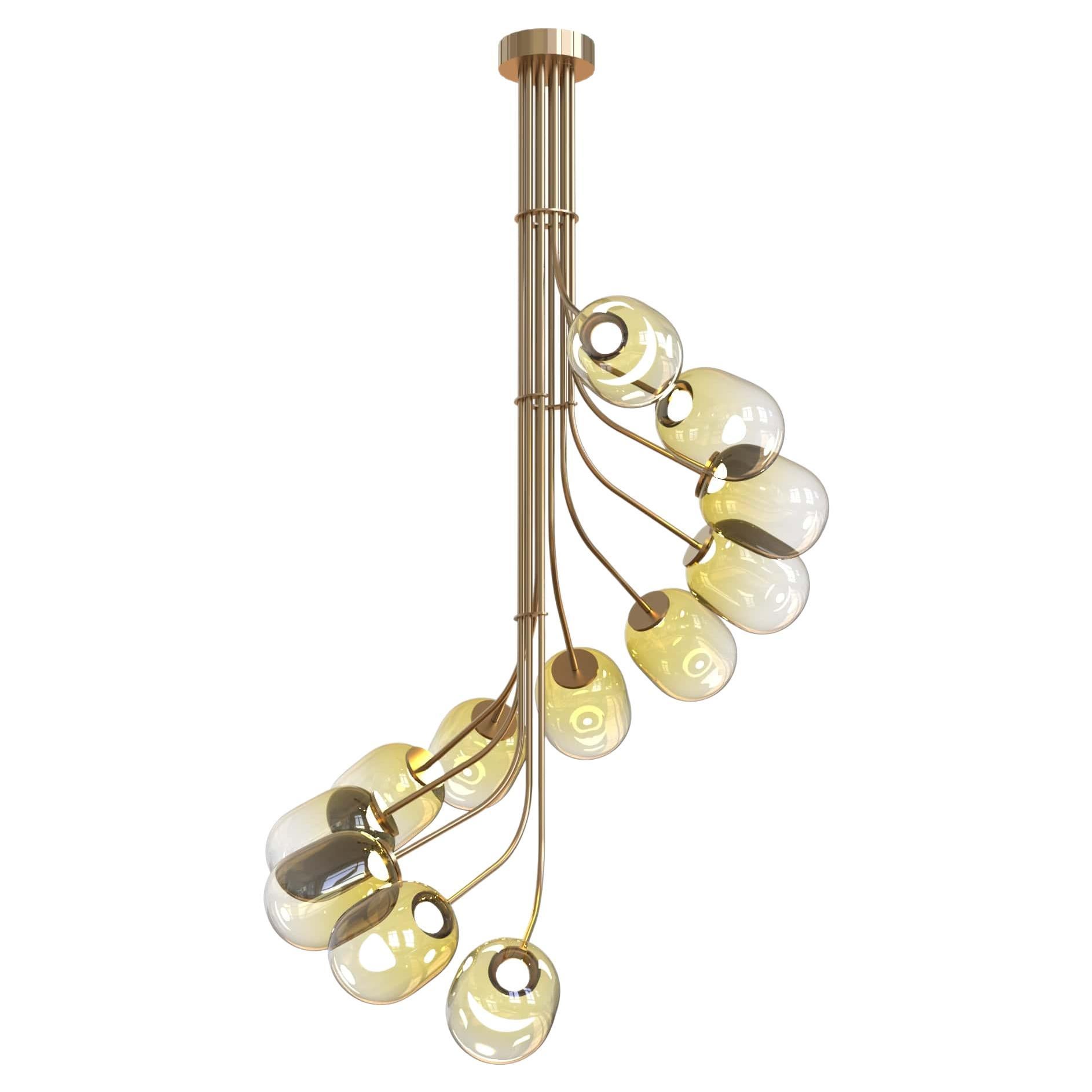 12 Module Spiral Candy Floss Chandelier with Brass and Hand-blown Glass