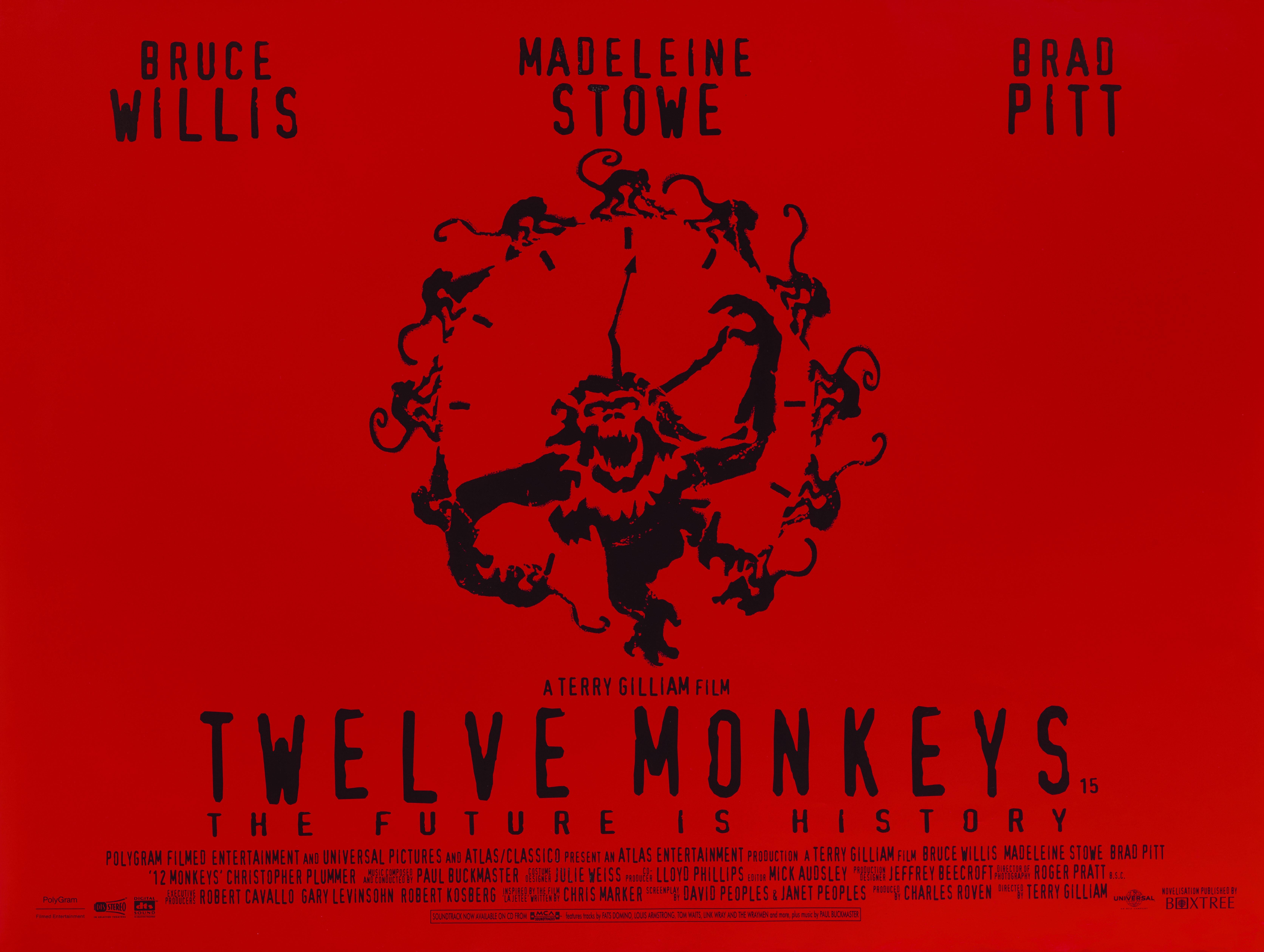 Original British film poster for Terry Gilliam's 1995 science fiction thriller 12 Monkeys. The film is starring Bruce Willis. This poster was designed for UK cinemas in 1995 when the film was firs shown. The poser is the advance poster and in near