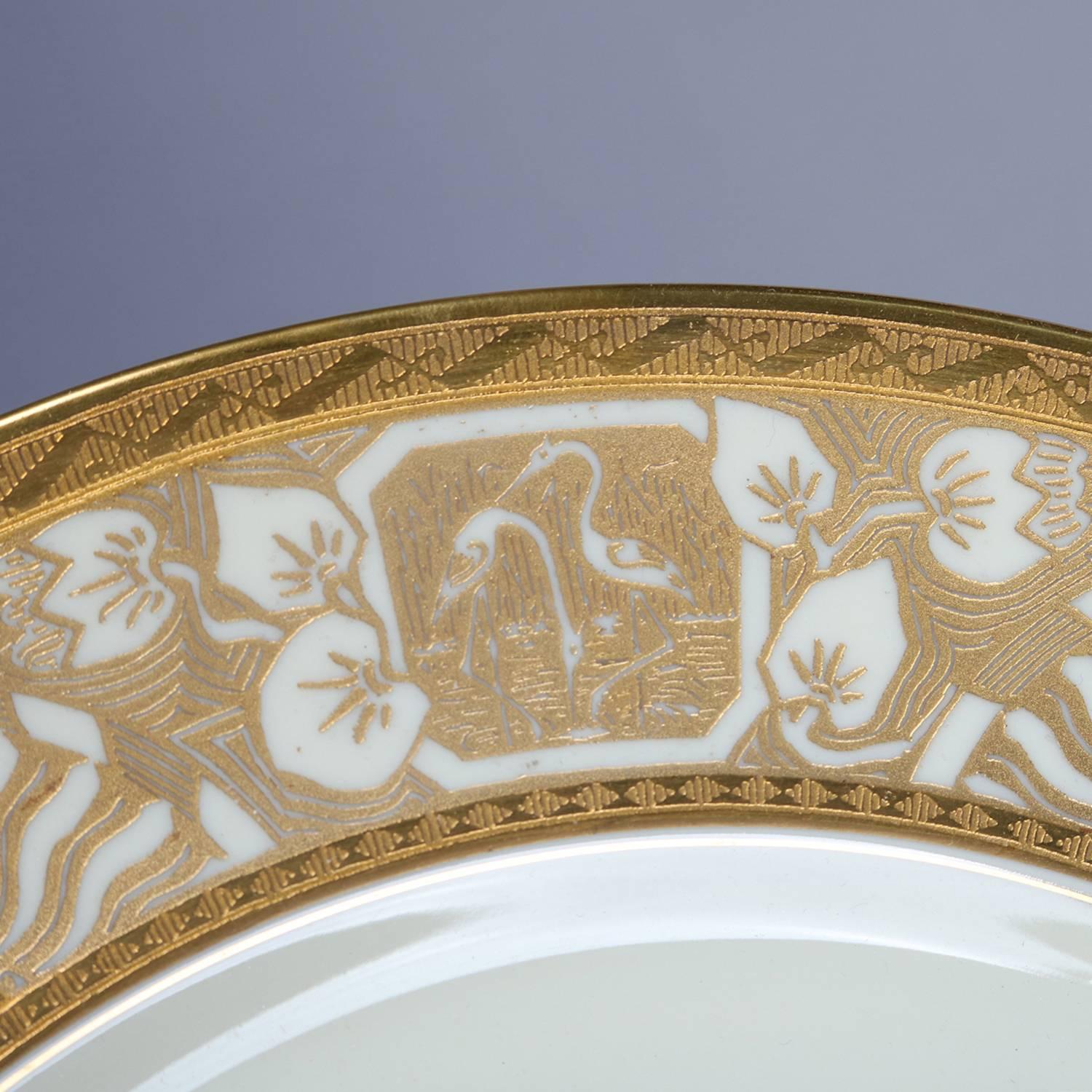 12 Neoclassical Bavarian Gilt Fine China Dinner Plates by Heinrich & Co. 1