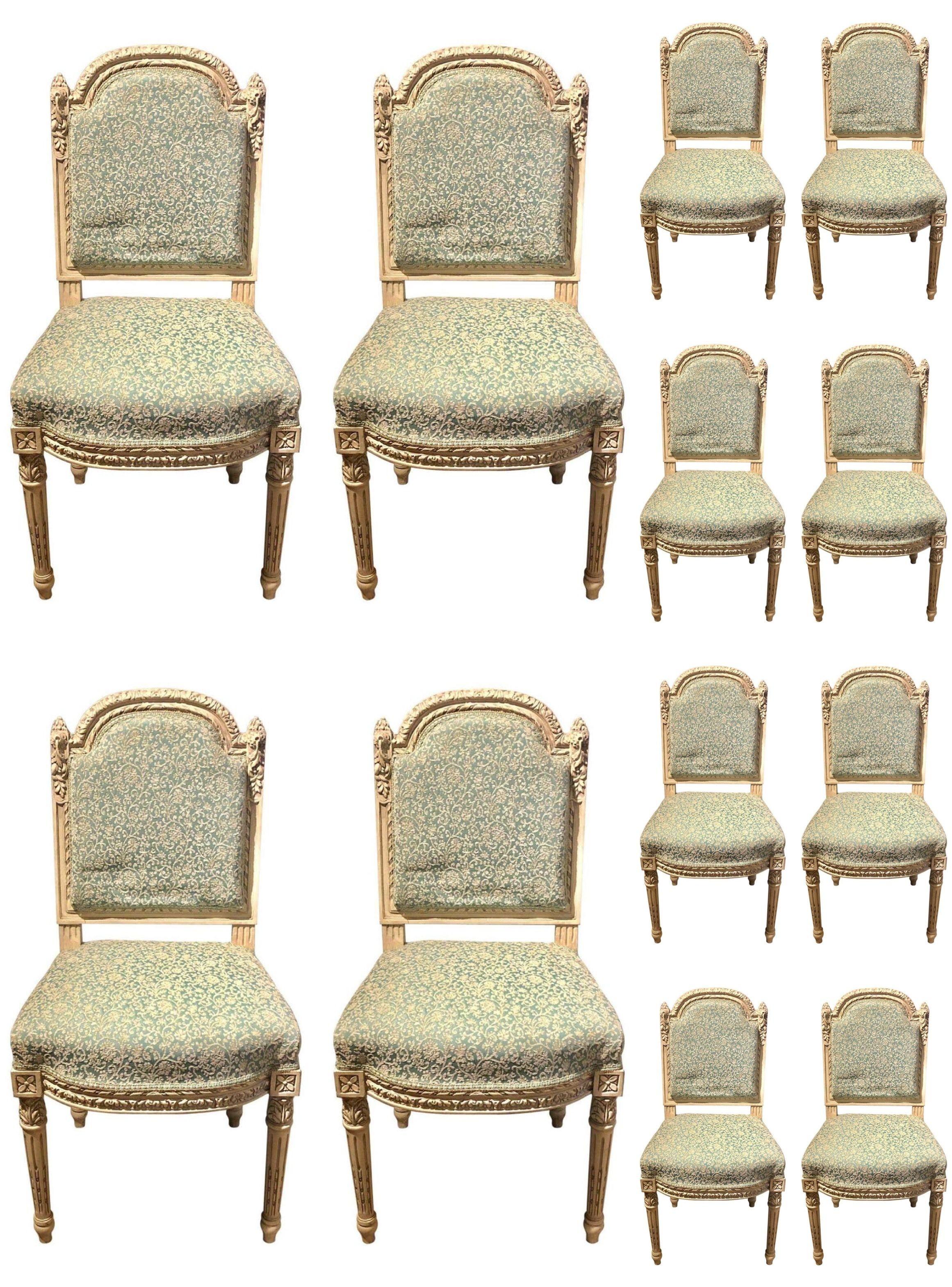 Set of Ten Paint Decorated Louis XVI Style Dining / Side Chairs, Finely Carved

 From our original, stunning set of 24 dining chairs, this listing is for 10 pieces which currently remain available and have been fully refinished and reupholstered.