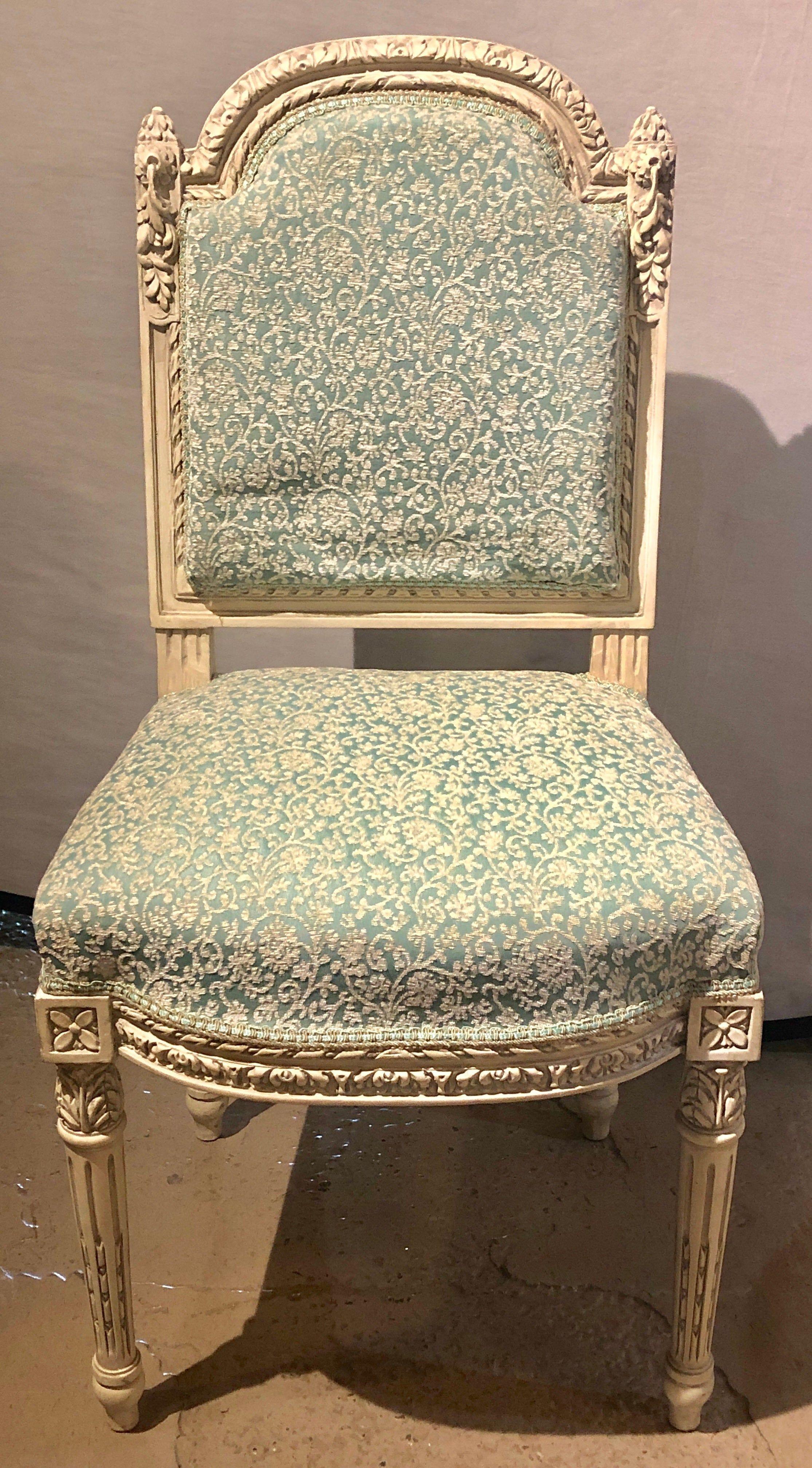 Upholstery Set of Ten Paint Decorated Louis XVI Style Dining / Side Chairs, Finely Carved For Sale