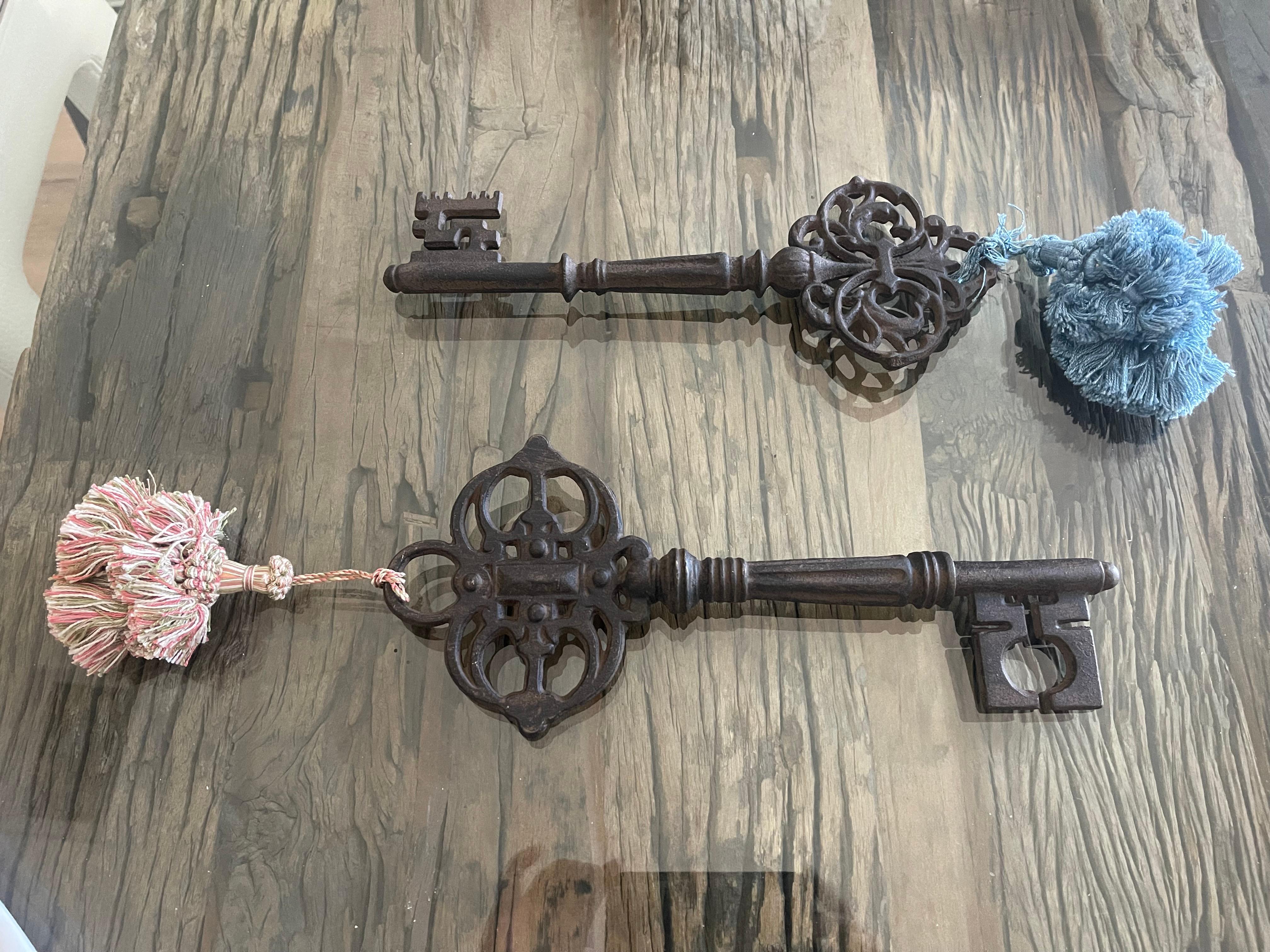 Baroque Revival 12” Pair of Cast Iron Baroque Style Keys with Tassels For Sale