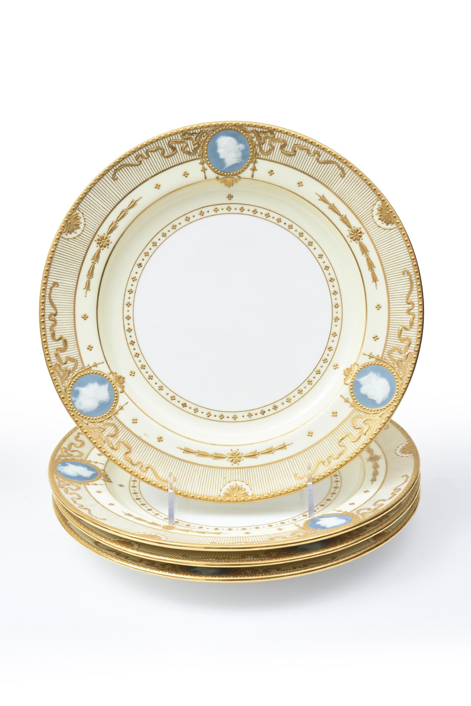 An elegant and wonderful find featuring the pinnacle of porcelain artistry. This complete set of 12 Minton, England Pâte-sur-pâte dinner or presentation plates decorated by the legendary Alboin Birks dates to 1923 – the height of the Gilded Age.