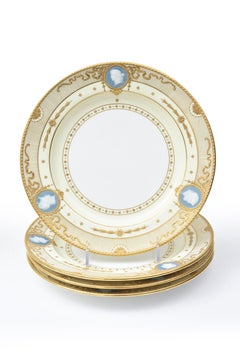 12 Pate Sur Pate Dinner Plates by Minton, England, Medallion Cartouches A. Birks