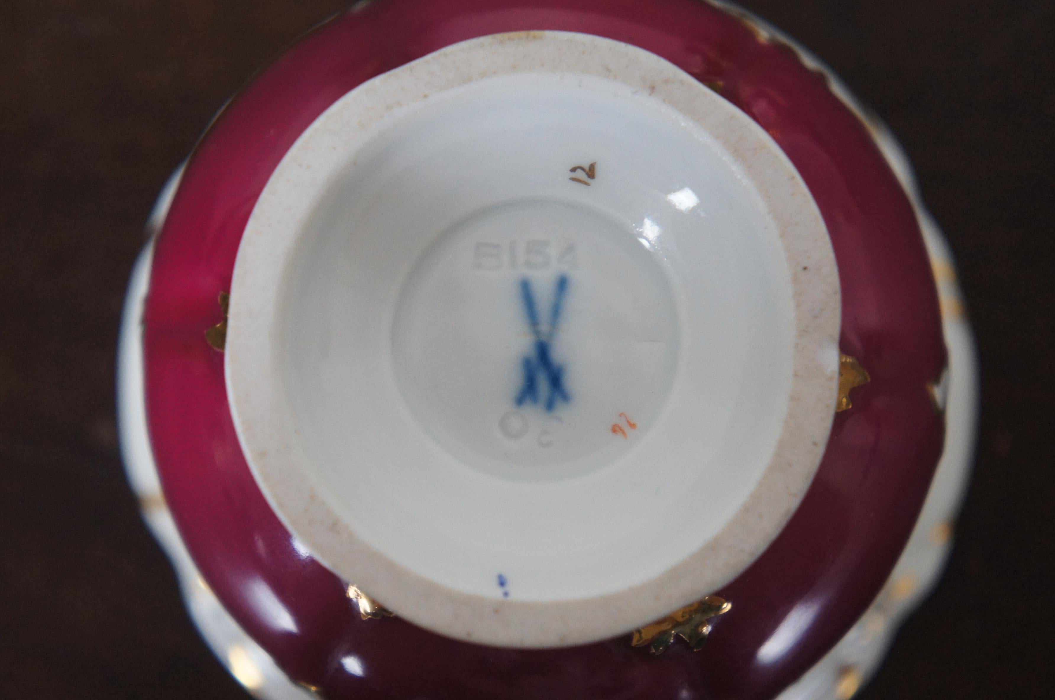 Porcelain 12 Pc Antique Meissen B-Form Teacups & Saucers Floral Crossed Sword Tea Set B154 For Sale